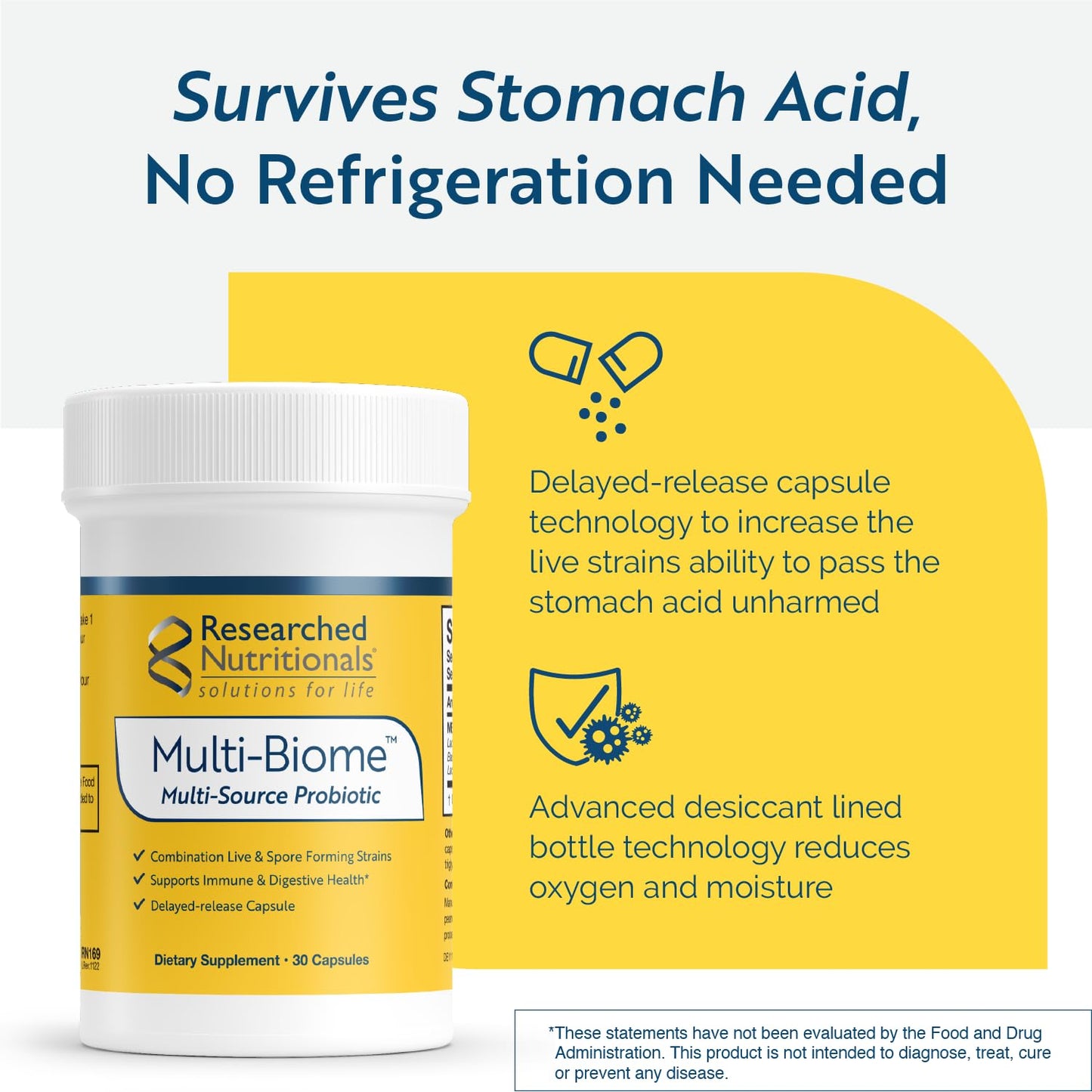 Researched Nutritionals Multi-Biome - Dual-Action Probiotics for Women & Men - Spore + Live Strain Formula with Delayed-Release Capsules for Gut Health, Histamine & Immune Support (30 ct) - dailyvitalstore