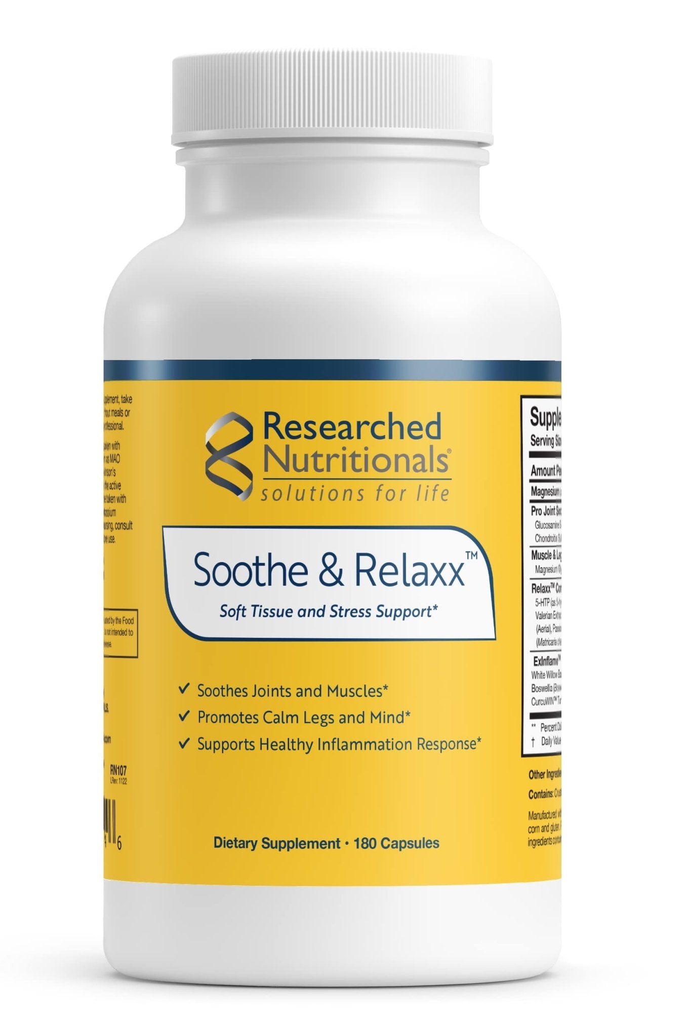 Researched Nutritionals Soothe & Relaxx - Soft Tissue, Muscle + Support Supplement - A Gentle Health Supplement for Calming Relief - Soothe Your Body + Mind (180 Capsules) - dailyvitalstore