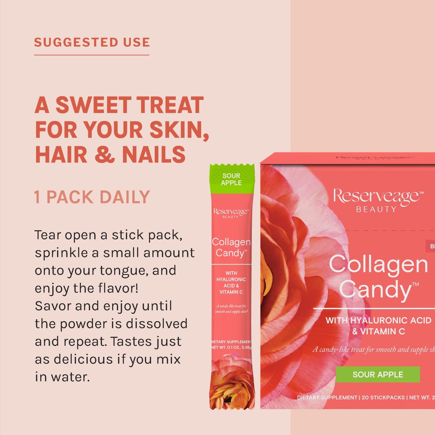 Reserveage Nutrition Collagen Candy, Collagen Supplement for Skin Care, Hair Growth, Collagen Booster for Nail Care, Supports Elastin Production, Paleo and Keto, Sour Apple, 2.3 Ounces (20 Servings) - dailyvitalstore