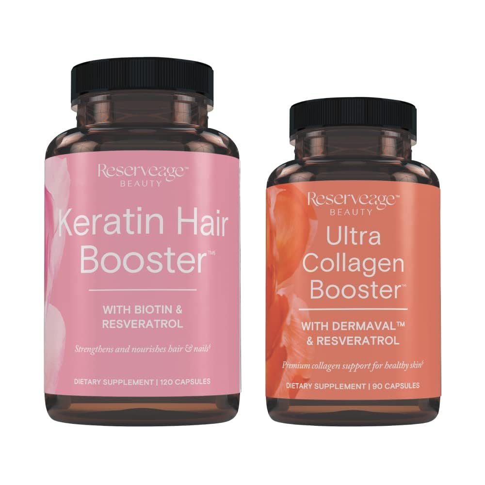 Reserveage Ultra Collagen Booster & Keratin Hair Booster - Features Dermaval, Biotin & Resveratrol - Support Hair & Skin - 90 Ultra Collagen Booster Capsules, 120 Keratin Hair Booster Capsules - dailyvitalstore
