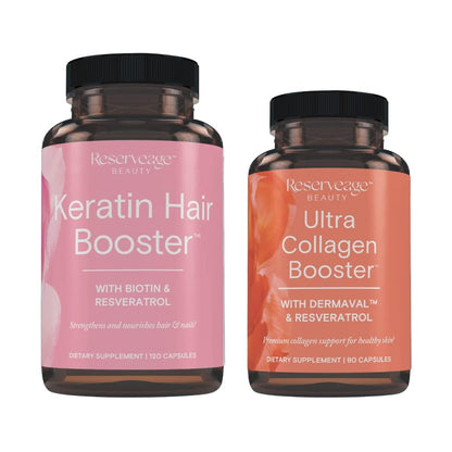 Reserveage Ultra Collagen Booster & Keratin Hair Booster - Features Dermaval, Biotin & Resveratrol - Support Hair & Skin - 90 Ultra Collagen Booster Capsules, 120 Keratin Hair Booster Capsules - dailyvitalstore