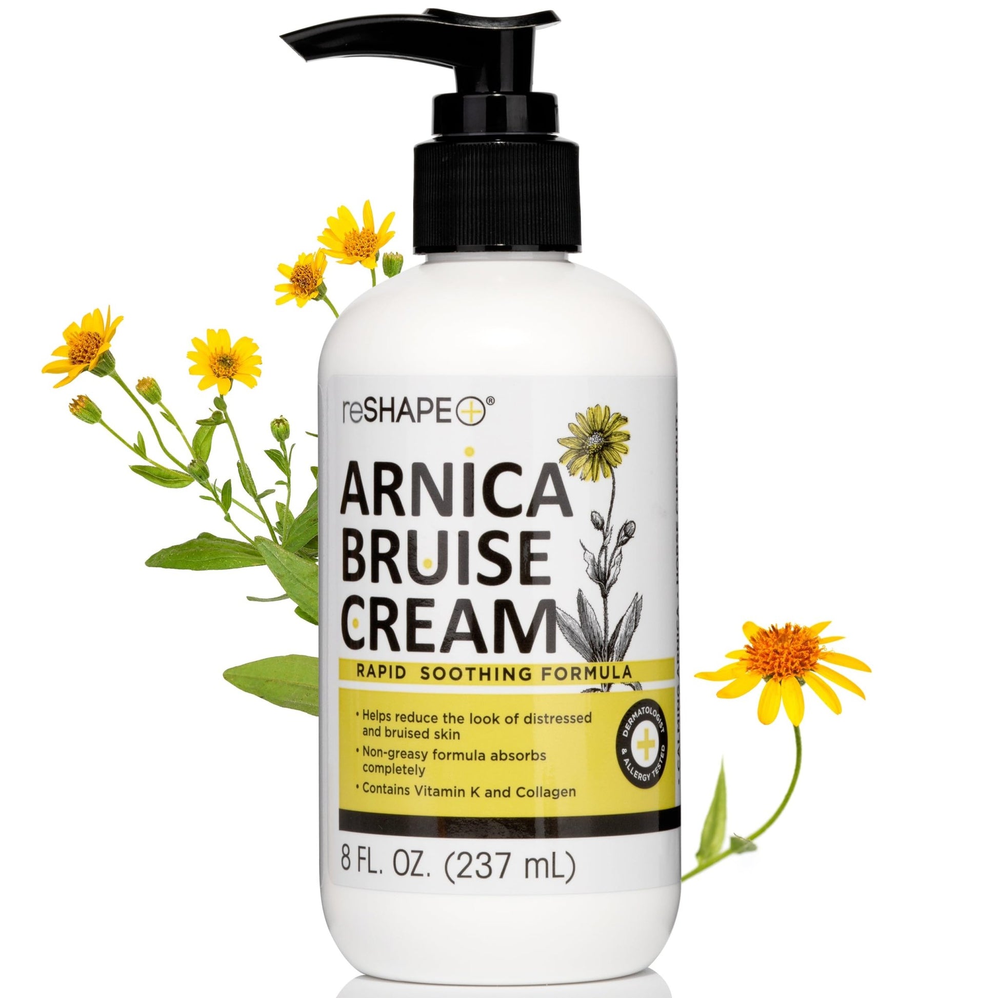 Reshape+ Arnica Bruise Relief Topical Cream For Bruising, Swelling, & Discoloration On Skin, Natural Skin Care Homeopathic Arnica Lotion W/Vitamin K, Horse Chestnut, & Collagen, Large 8 Fl Oz - dailyvitalstore