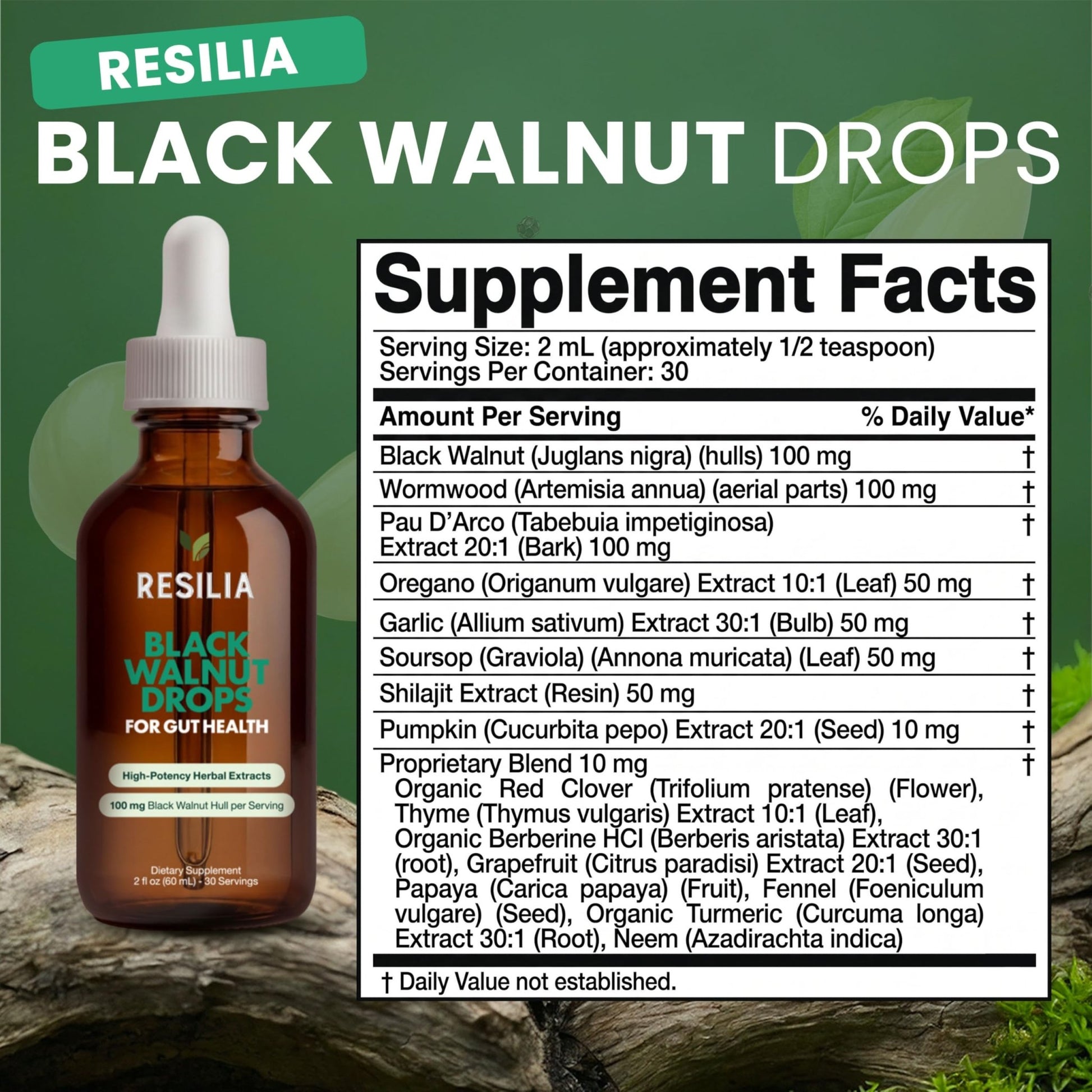 Resilia Herbal Cleanse Liquid Drops – Black Walnut & Wormwood Extract with Pumpkin Seed, Garlic & Turmeric – Alcohol-Free Vegan Tincture for Digestive & Daily Wellness Support, 2 fl oz - dailyvitalstore