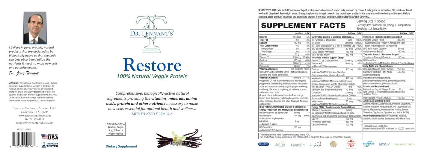 Restore Vanilla Veggie Protein | Premium Plant-Based Protein - 100% Natural and Omega 3 Fusion, Including Pea Protein Isolate - Low Carb, Keto, Dairy Free - 30 Day Supply Dr. Tennant's - dailyvitalstore