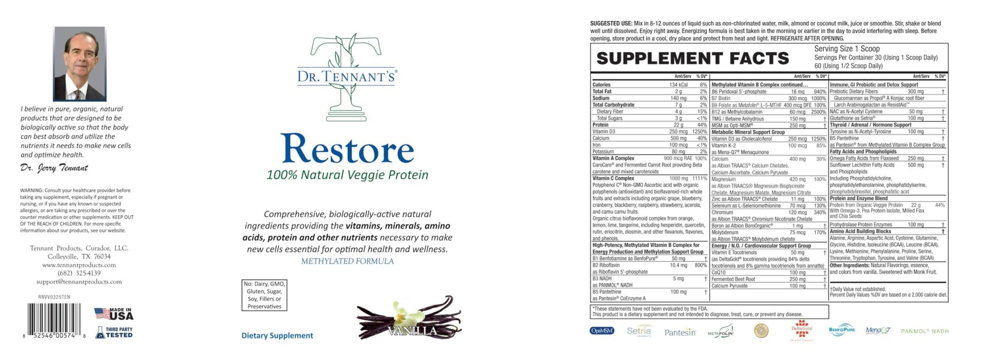Restore Vanilla Veggie Protein | Premium Plant-Based Protein - 100% Natural and Omega 3 Fusion, Including Pea Protein Isolate - Low Carb, Keto, Dairy Free - 30 Day Supply Dr. Tennant's - dailyvitalstore