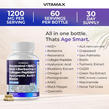 Resveratrol NAD+ Berberine Hyaluronic Acid - Biotin Grape & Blueberry + NAC - Collagen Peptides - Hair, Nail, Skin & Joint Supplement - 21-in-1 Women and Men - dailyvitalstore