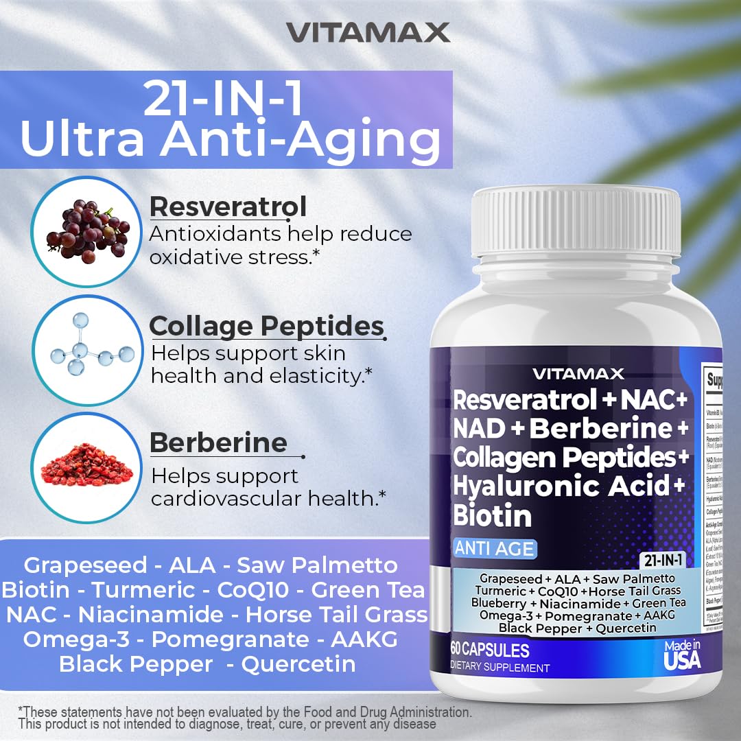 Resveratrol NAD+ Berberine Hyaluronic Acid - Biotin Grape & Blueberry + NAC - Collagen Peptides - Hair, Nail, Skin & Joint Supplement - 21-in-1 Women and Men - dailyvitalstore