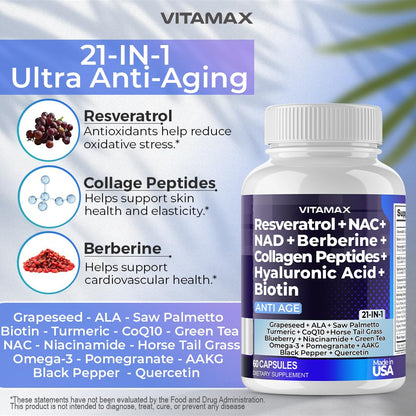 Resveratrol NAD+ Berberine Hyaluronic Acid - Biotin Grape & Blueberry + NAC - Collagen Peptides - Hair, Nail, Skin & Joint Supplement - 21-in-1 Women and Men - dailyvitalstore