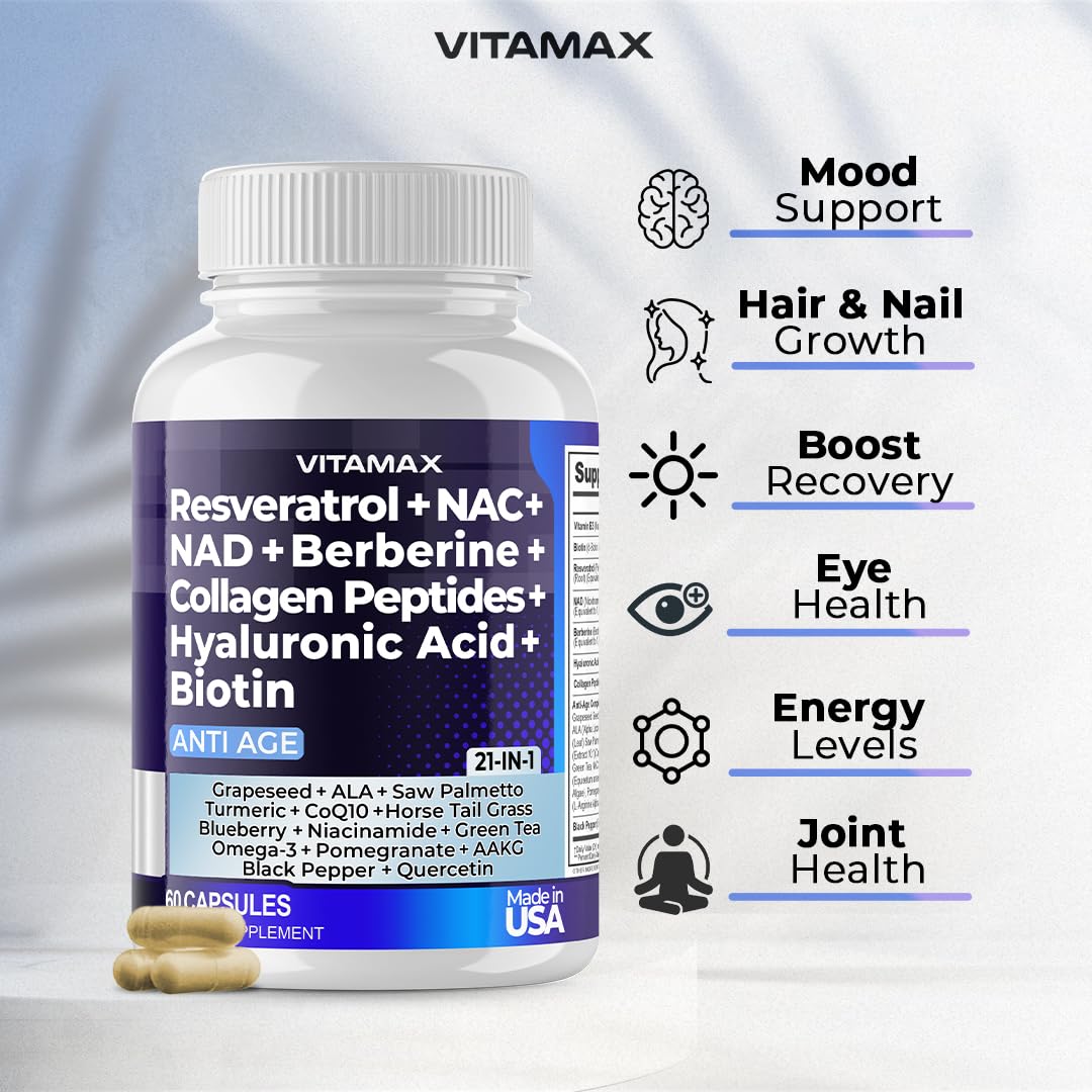 Resveratrol NAD+ Berberine Hyaluronic Acid - Biotin Grape & Blueberry + NAC - Collagen Peptides - Hair, Nail, Skin & Joint Supplement - 21-in-1 Women and Men - dailyvitalstore