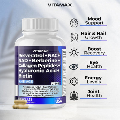 Resveratrol NAD+ Berberine Hyaluronic Acid - Biotin Grape & Blueberry + NAC - Collagen Peptides - Hair, Nail, Skin & Joint Supplement - 21-in-1 Women and Men - dailyvitalstore