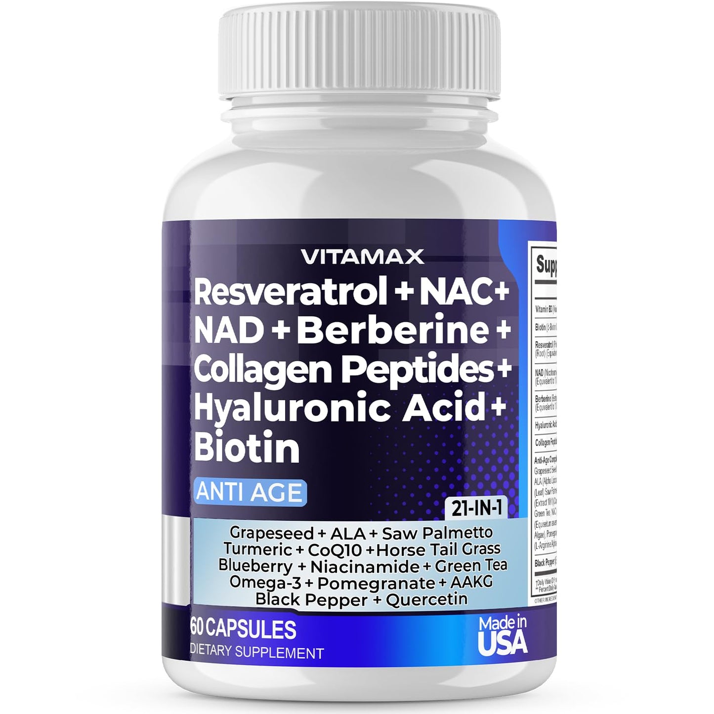 Resveratrol NAD+ Berberine Hyaluronic Acid - Biotin Grape & Blueberry + NAC - Collagen Peptides - Hair, Nail, Skin & Joint Supplement - 21-in-1 Women and Men - dailyvitalstore