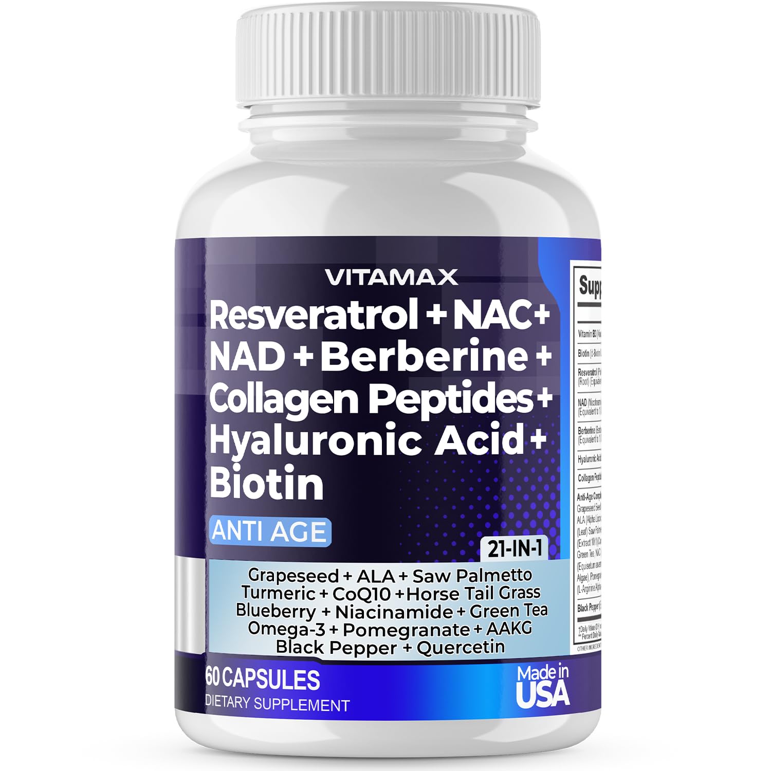 Resveratrol NAD+ Berberine Hyaluronic Acid - Biotin Grape & Blueberry + NAC - Collagen Peptides - Hair, Nail, Skin & Joint Supplement - 21-in-1 Women and Men - dailyvitalstore