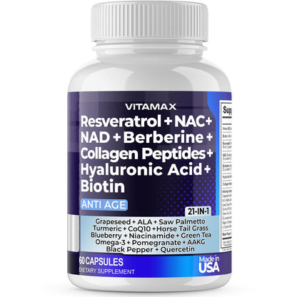 Resveratrol NAD+ Berberine Hyaluronic Acid - Biotin Grape & Blueberry + NAC - Collagen Peptides - Hair, Nail, Skin & Joint Supplement - 21-in-1 Women and Men - dailyvitalstore