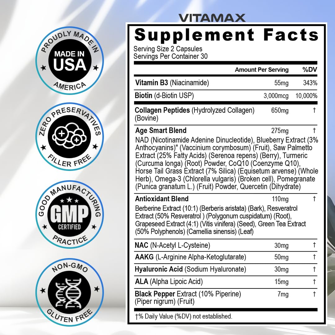 Resveratrol NAD+ Berberine Hyaluronic Acid - Biotin Grape & Blueberry + NAC - Collagen Peptides - Hair, Nail, Skin & Joint Supplement - 21-in-1 Women and Men - dailyvitalstore