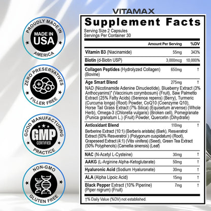 Resveratrol NAD+ Berberine Hyaluronic Acid - Biotin Grape & Blueberry + NAC - Collagen Peptides - Hair, Nail, Skin & Joint Supplement - 21-in-1 Women and Men - dailyvitalstore