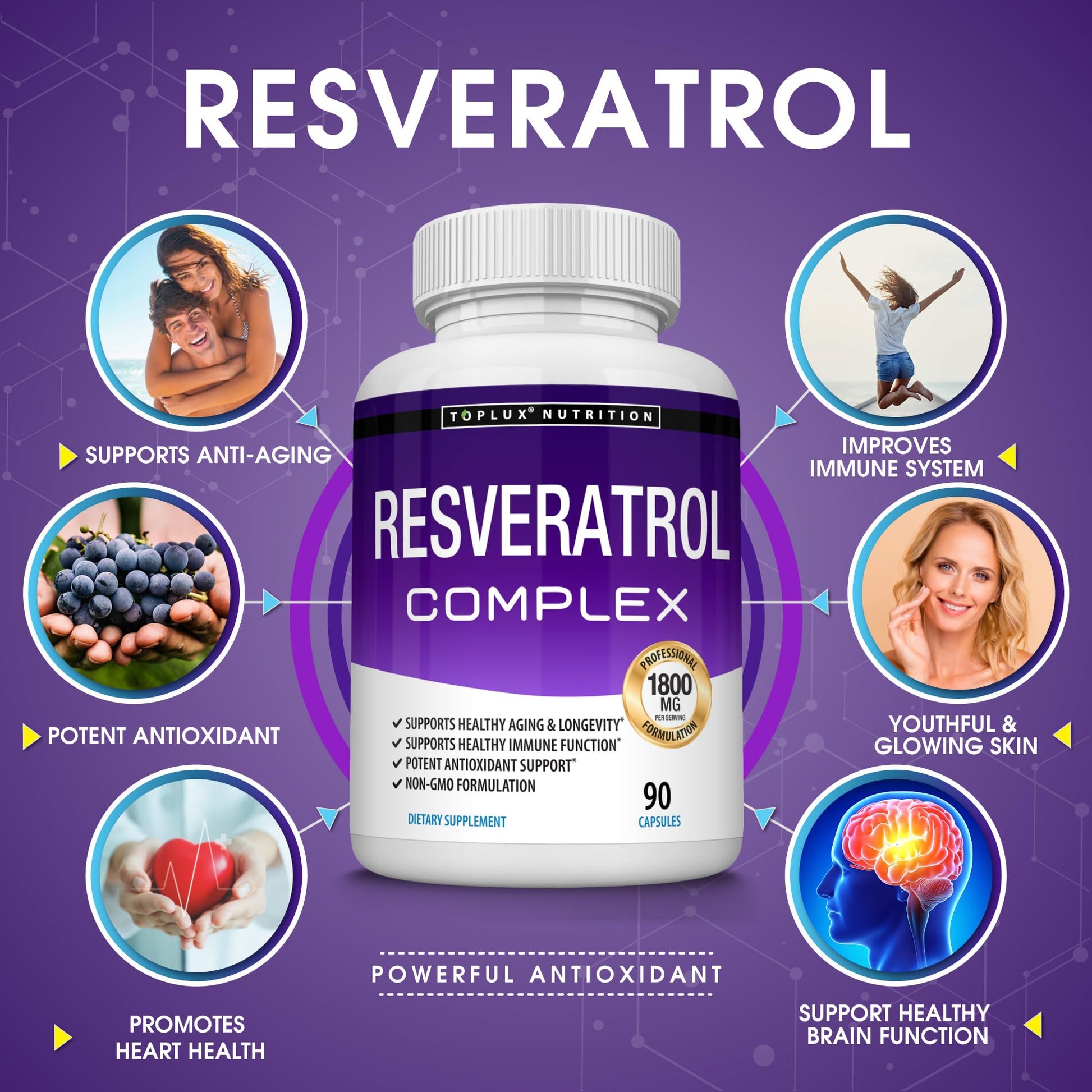 Resveratrol Supplement 1800 mg Antioxidant Complex - Highly Potent Natural Trans-Resveratrol Pills for Healthy Aging, Overall Health Support, Immune System - dailyvitalstore