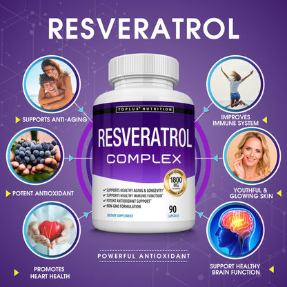 Resveratrol Supplement 1800 mg Antioxidant Complex - Highly Potent Natural Trans-Resveratrol Pills for Healthy Aging, Overall Health Support, Immune System - dailyvitalstore