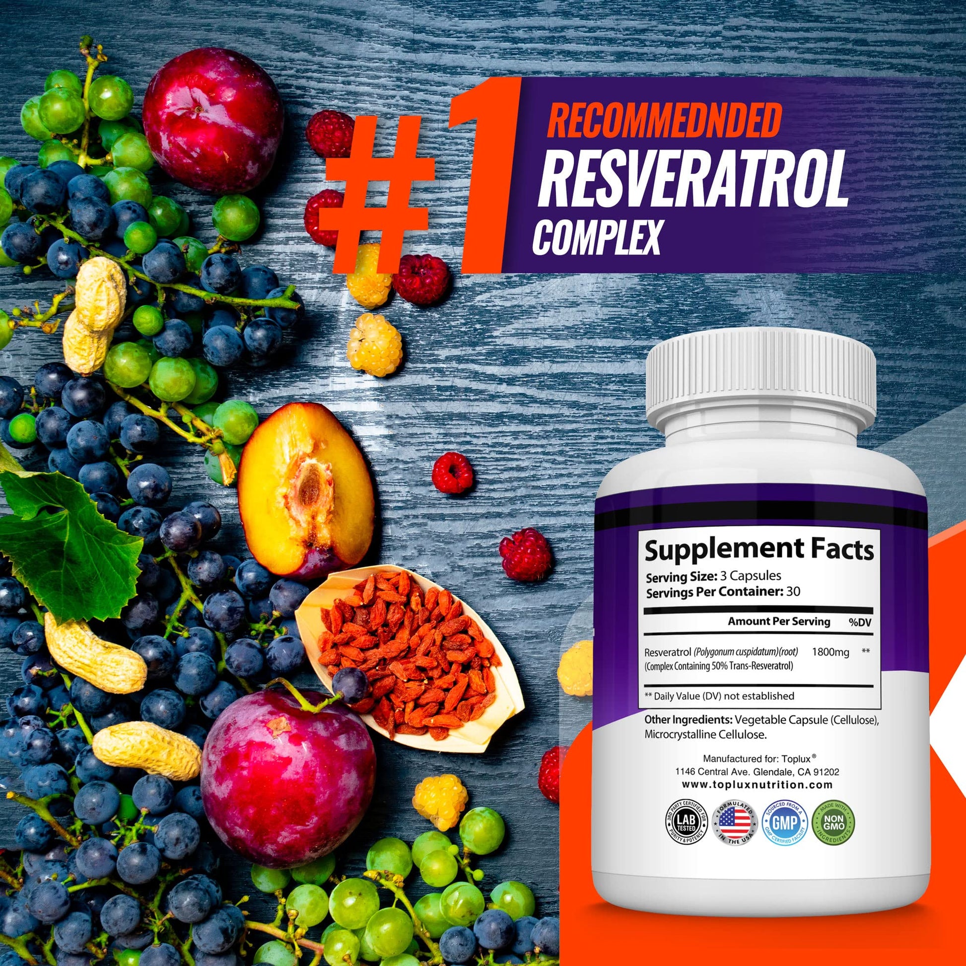 Resveratrol Supplement 1800 mg Antioxidant Complex - Highly Potent Natural Trans-Resveratrol Pills for Healthy Aging, Overall Health Support, Immune System - dailyvitalstore