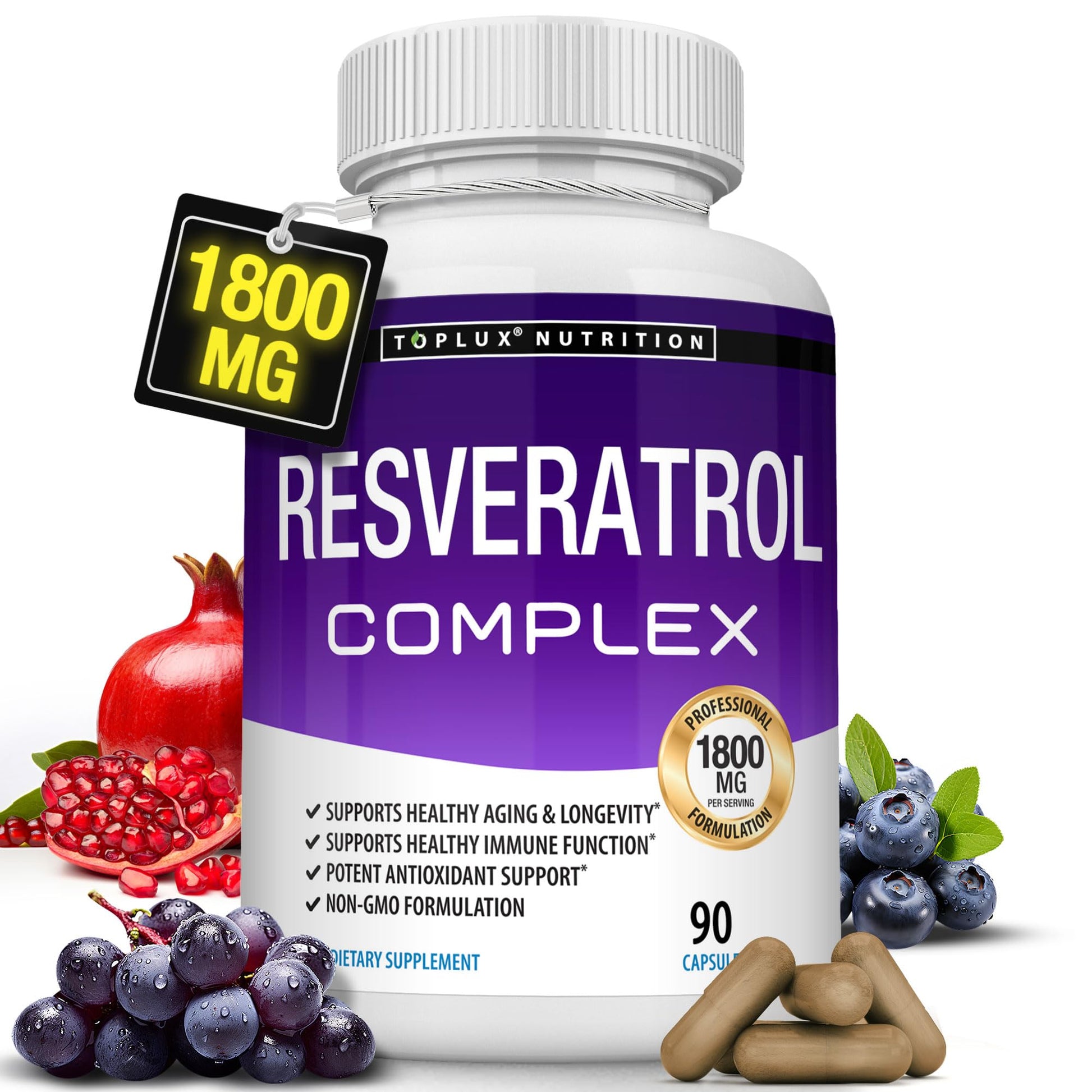 Resveratrol Supplement 1800 mg Antioxidant Complex - Highly Potent Natural Trans-Resveratrol Pills for Healthy Aging, Overall Health Support, Immune System - dailyvitalstore