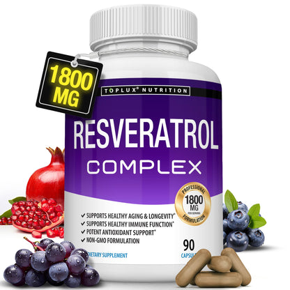 Resveratrol Supplement 1800 mg Antioxidant Complex - Highly Potent Natural Trans-Resveratrol Pills for Healthy Aging, Overall Health Support, Immune System - dailyvitalstore