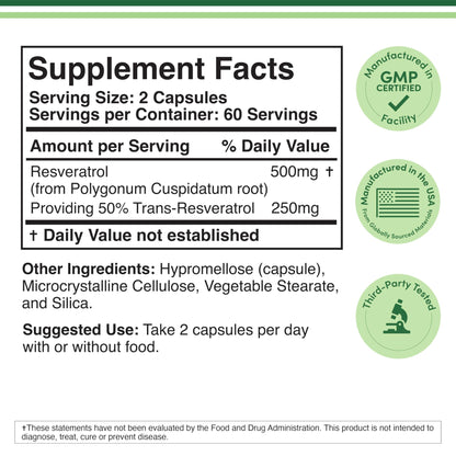 Resveratrol Supplement 500mg Per Serving, 120 Capsules (Resveratrol Polygonum Root Extract Providing 50% Trans Resveratrol) - dailyvitalstore