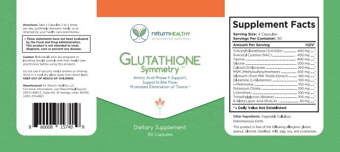 Return Healthy Glutathione Symmetry | S-Acetyl Glutathione Supplement | Antioxidants & Detoxification Supplement | Natural Cellular Support | All-Natural, Vegan, Non-GMO, 120 caps - dailyvitalstore