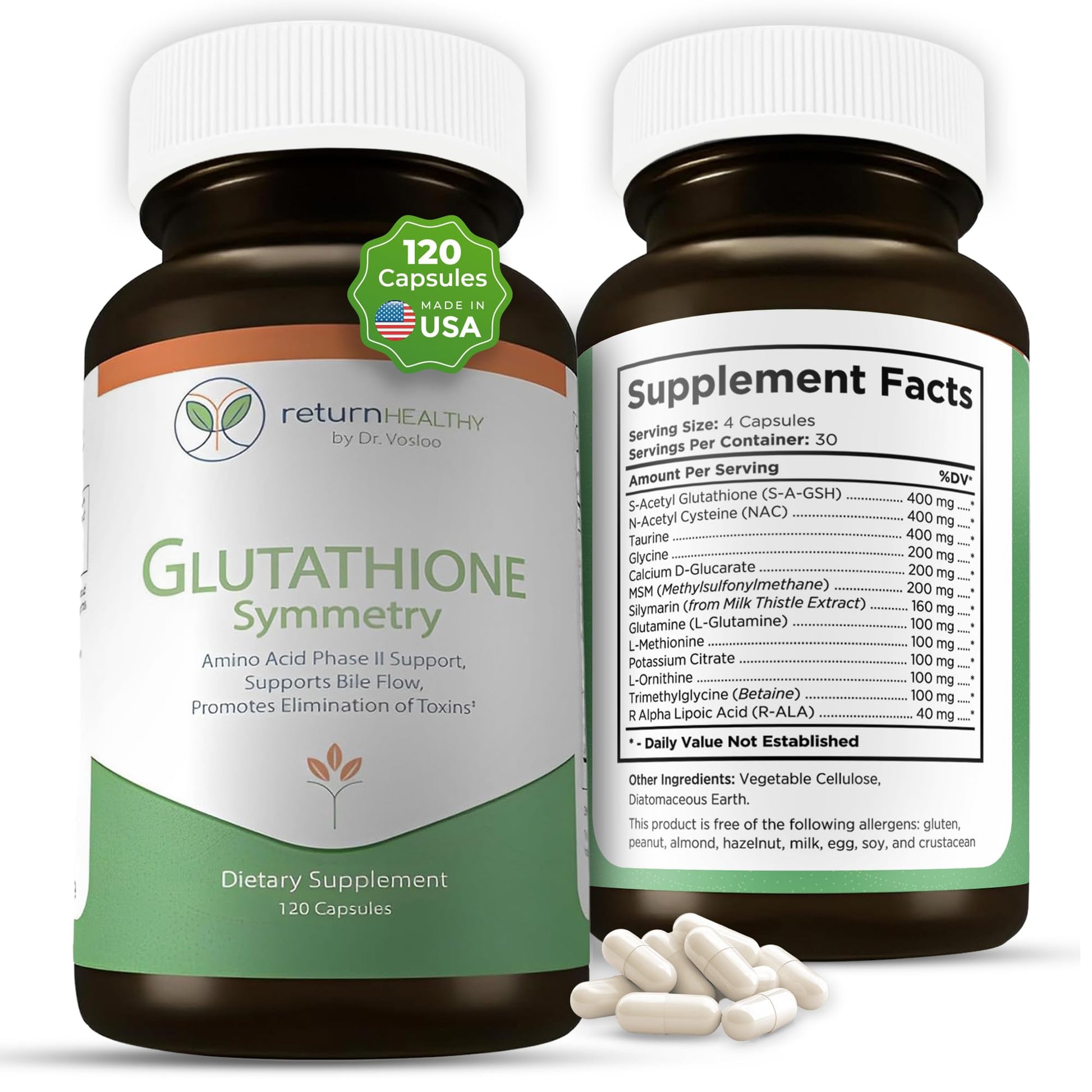 Return Healthy Glutathione Symmetry | S-Acetyl Glutathione Supplement | Antioxidants & Detoxification Supplement | Natural Cellular Support | All-Natural, Vegan, Non-GMO, 120 caps - dailyvitalstore