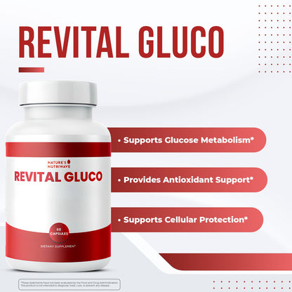Revital Gluco – Daily Supplement with Vitamin C, Vitamin E, Magnesium, Biotin, Zinc & 10+ Botanical Ingredients – Made in USA, Non-GMO, Stimulant-Free Formula – 60 Caps (30 Servings), 1 Month Supply - dailyvitalstore