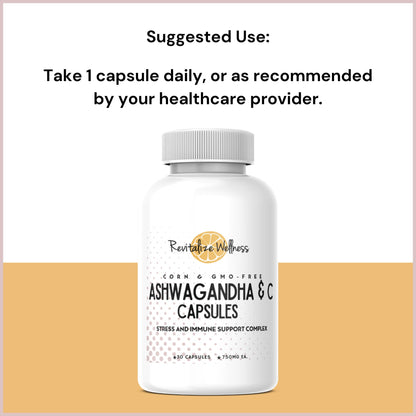 Revitalize Wellness Ashwagandha + Vitamin C Capsules | Stress and Immune Support Complex | with 550 mg Ashwagandha and 200 mg Vitamin C per Serving | 30 Servings - dailyvitalstore