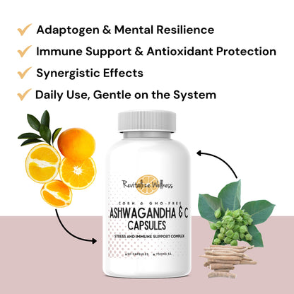 Revitalize Wellness Ashwagandha + Vitamin C Capsules | Stress and Immune Support Complex | with 550 mg Ashwagandha and 200 mg Vitamin C per Serving | 30 Servings - dailyvitalstore