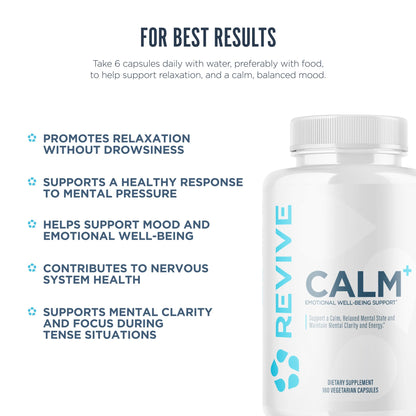 Revive MD Calm, Emotional Well-Being Support Supplement - Stress Management for Men & Women - Mood Enhancement Supplement Promotes Relaxation with L-Theanine, GABA & 5-HTP (180 Capsules, 30 Servings) - dailyvitalstore