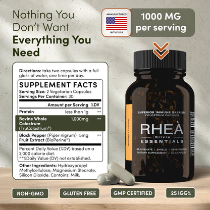 Rhea Bovine Colostrum Supplement for Women, Colostrum Capsules for Gut Health, Digestion, Bloating, Beauty, Immune Support, Bovine Colostrum for Humans, Colostrum Pills (60caps) - dailyvitalstore