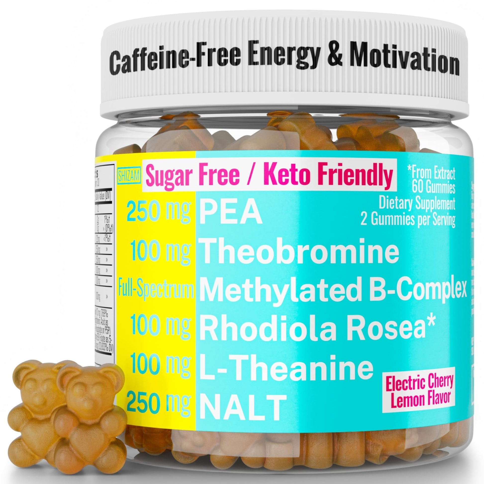 Rhodiola Rosea NALT N-Acetyl-L-Tyrosine Methylated Vitamin B Complex L-Theanine Gummies w P5P B6 5-MTHF B9 Folate Methyl B12 Methylcobalamin B3 Niacinamide, Supplement Powder Capsule Pill Supplements - dailyvitalstore