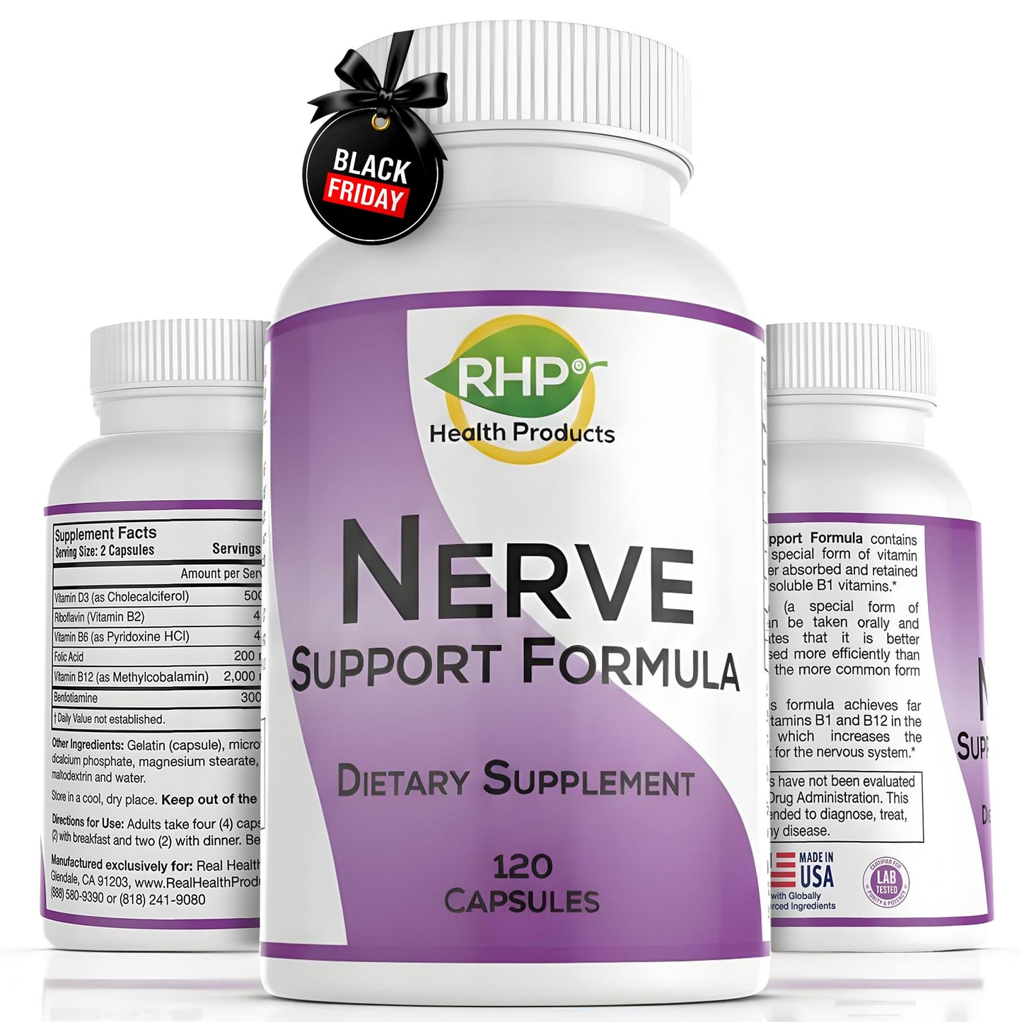 RHP Nerve Support Formula. Nutritional Support of Neuropathy, Nerve Relief from Aches, Nerve Pain & Discomfort. B-Complex with Benfotiamine and Methyl B12. 120 Capsules - dailyvitalstore