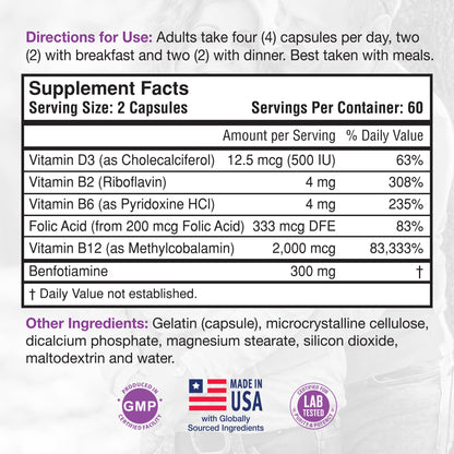 RHP Nerve Support Formula. Nutritional Support of Neuropathy, Nerve Relief from Aches, Nerve Pain & Discomfort. B-Complex with Benfotiamine and Methyl B12. 120 Capsules - dailyvitalstore