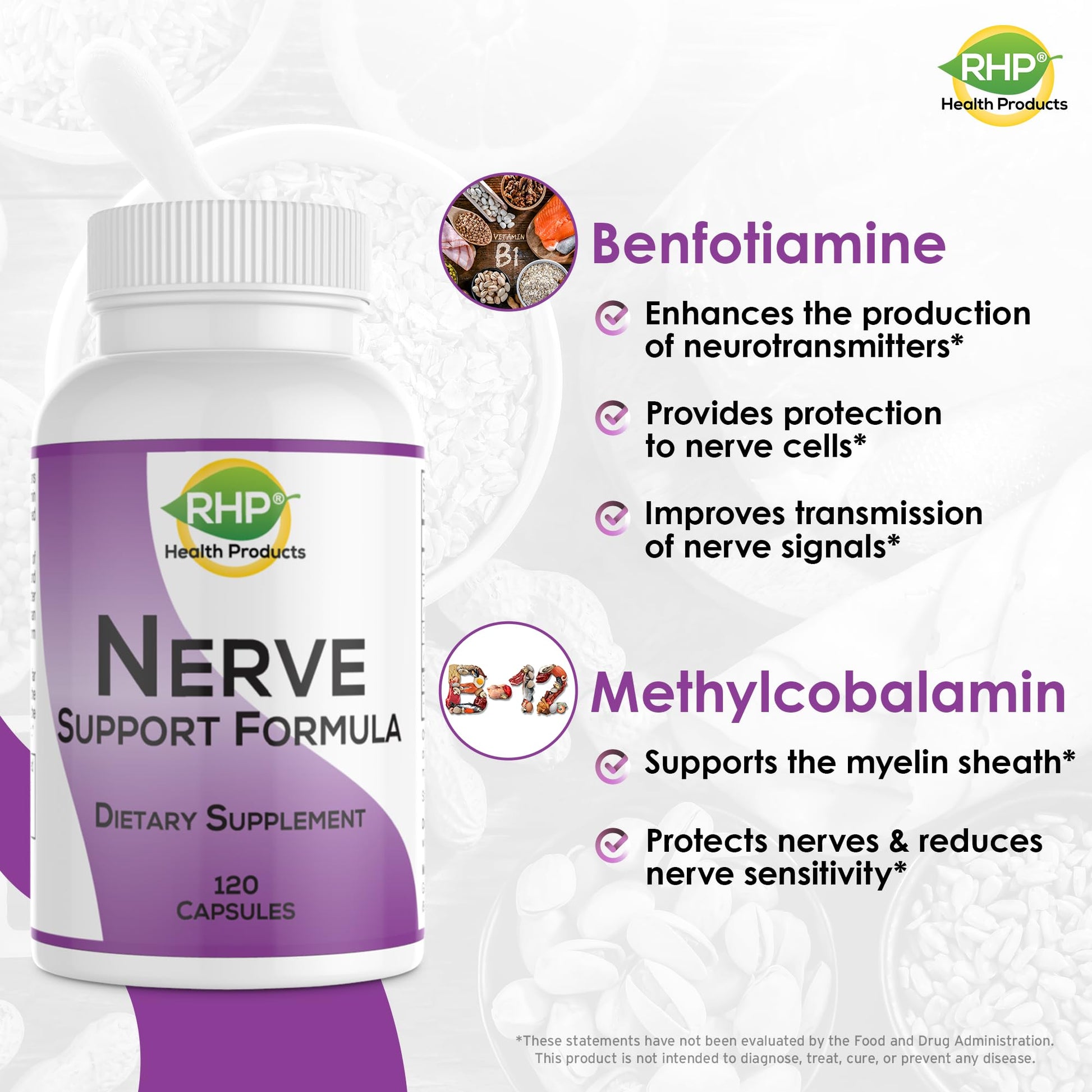 RHP Nerve Support Formula. Nutritional Support of Neuropathy, Nerve Relief from Aches, Nerve Pain & Discomfort. B-Complex with Benfotiamine and Methyl B12. 120 Capsules - dailyvitalstore