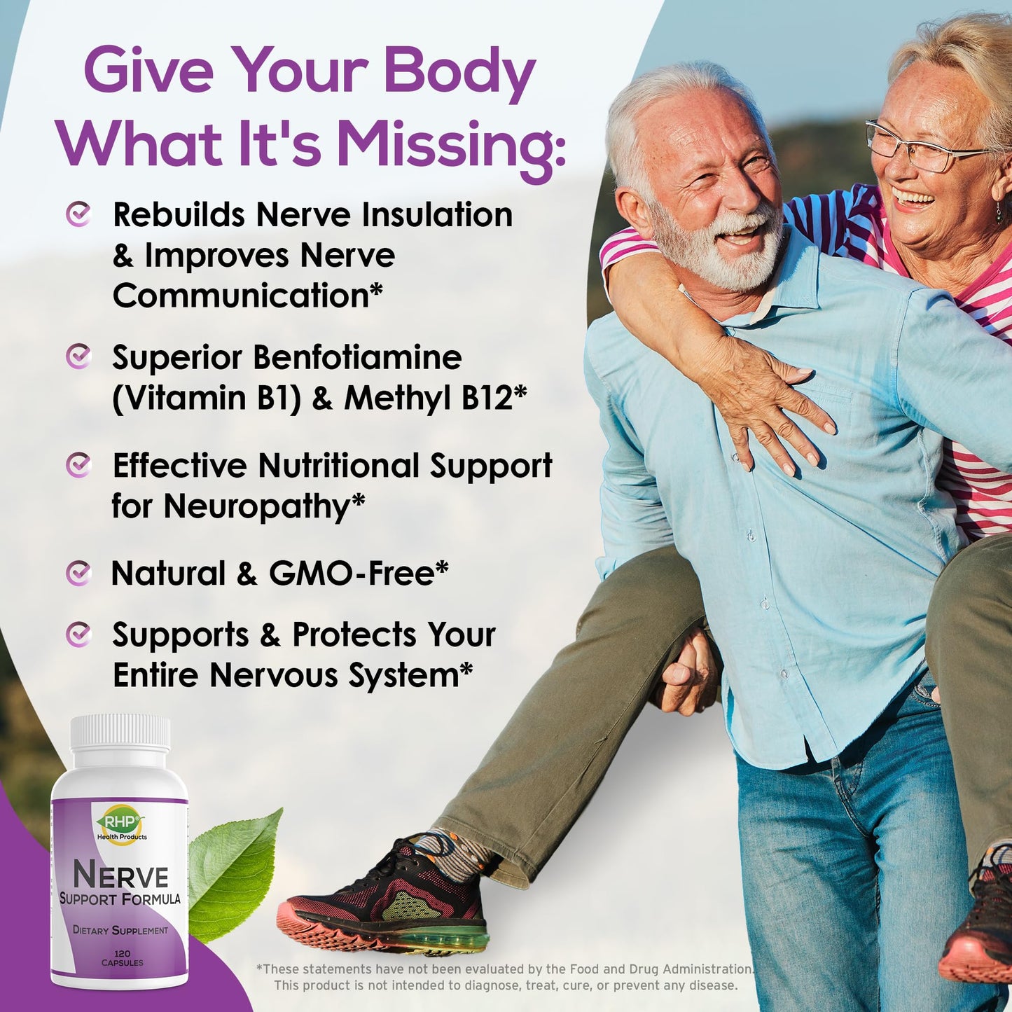 RHP Nerve Support Formula. Nutritional Support of Neuropathy, Nerve Relief from Aches, Nerve Pain & Discomfort. B-Complex with Benfotiamine and Methyl B12. 120 Capsules - dailyvitalstore