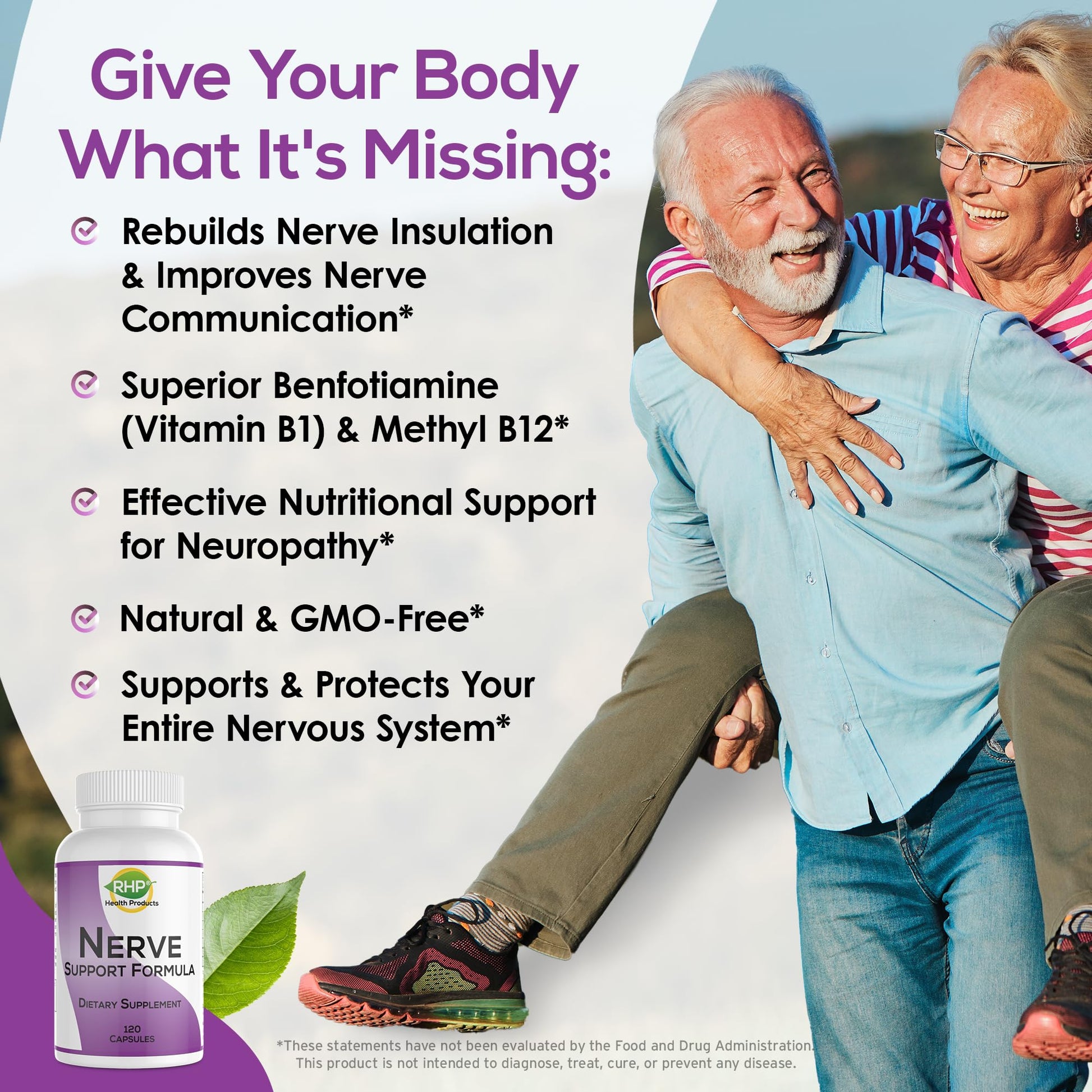 RHP Nerve Support Formula. Nutritional Support of Neuropathy, Nerve Relief from Aches, Nerve Pain & Discomfort. B-Complex with Benfotiamine and Methyl B12. 120 Capsules - dailyvitalstore