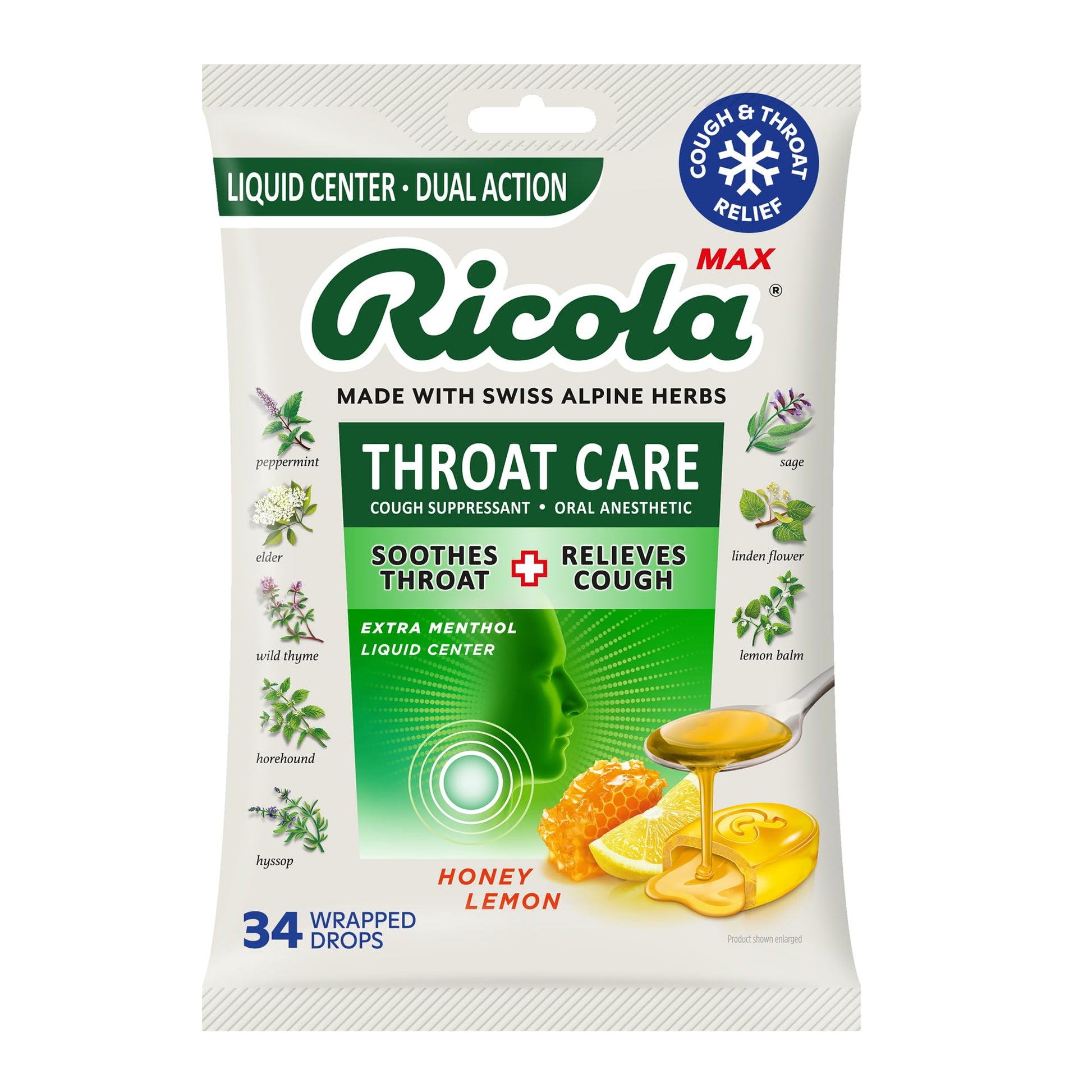 Ricola, Throat Care Max Honey Lemon, 34 Count - dailyvitalstore