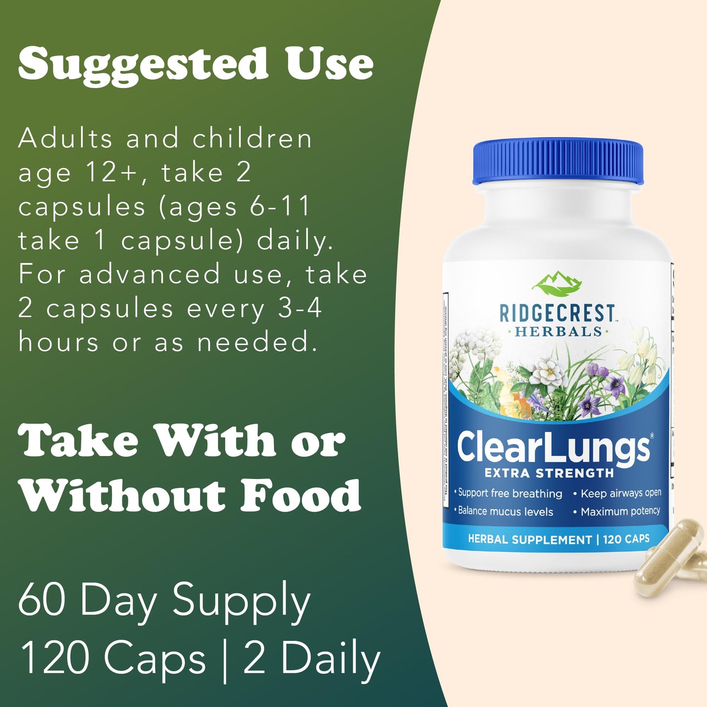 RidgeCrest Herbals ClearLungs Extra Strength, Daily Health Supplement, Natural Lung and Nasal Wellness Formula (120 Vegan Caps, 60 Serv) - dailyvitalstore