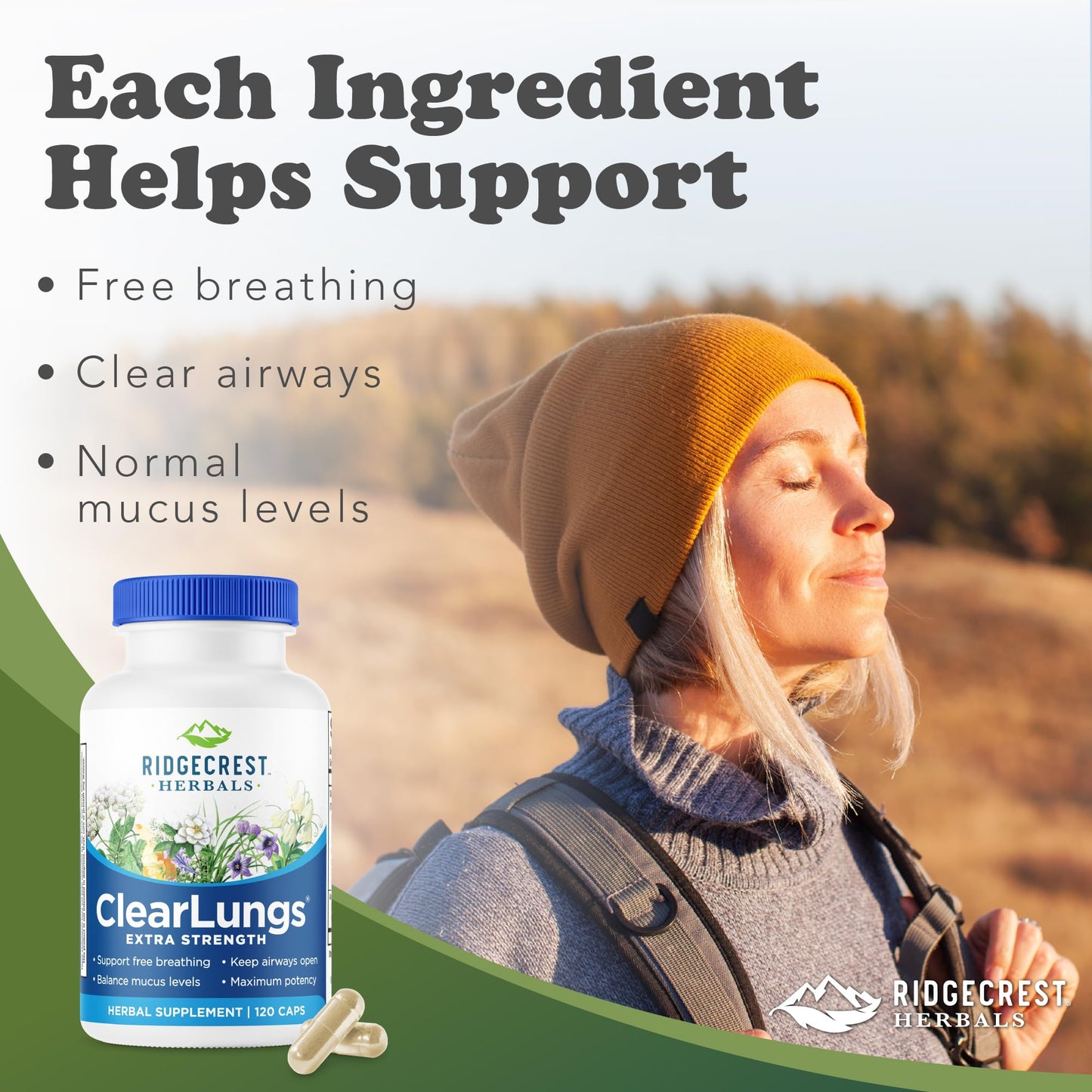 RidgeCrest Herbals ClearLungs Extra Strength, Daily Health Supplement, Natural Lung and Nasal Wellness Formula (120 Vegan Caps, 60 Serv) - dailyvitalstore