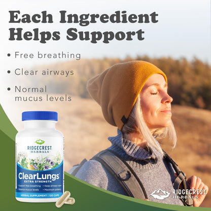 RidgeCrest Herbals ClearLungs Extra Strength, Daily Health Supplement, Natural Lung and Nasal Wellness Formula (120 Vegan Caps, 60 Serv) - dailyvitalstore