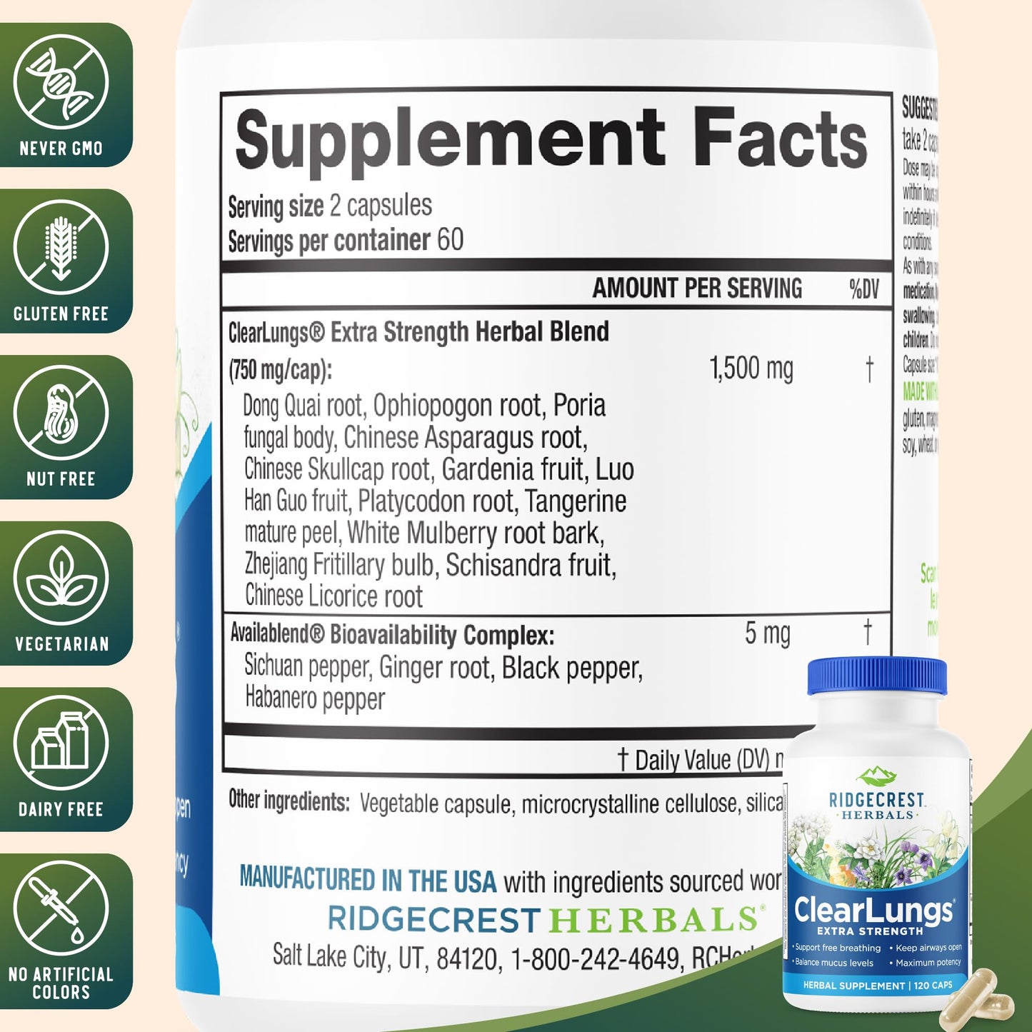 RidgeCrest Herbals ClearLungs Extra Strength, Daily Health Supplement, Natural Lung and Nasal Wellness Formula (120 Vegan Caps, 60 Serv) - dailyvitalstore