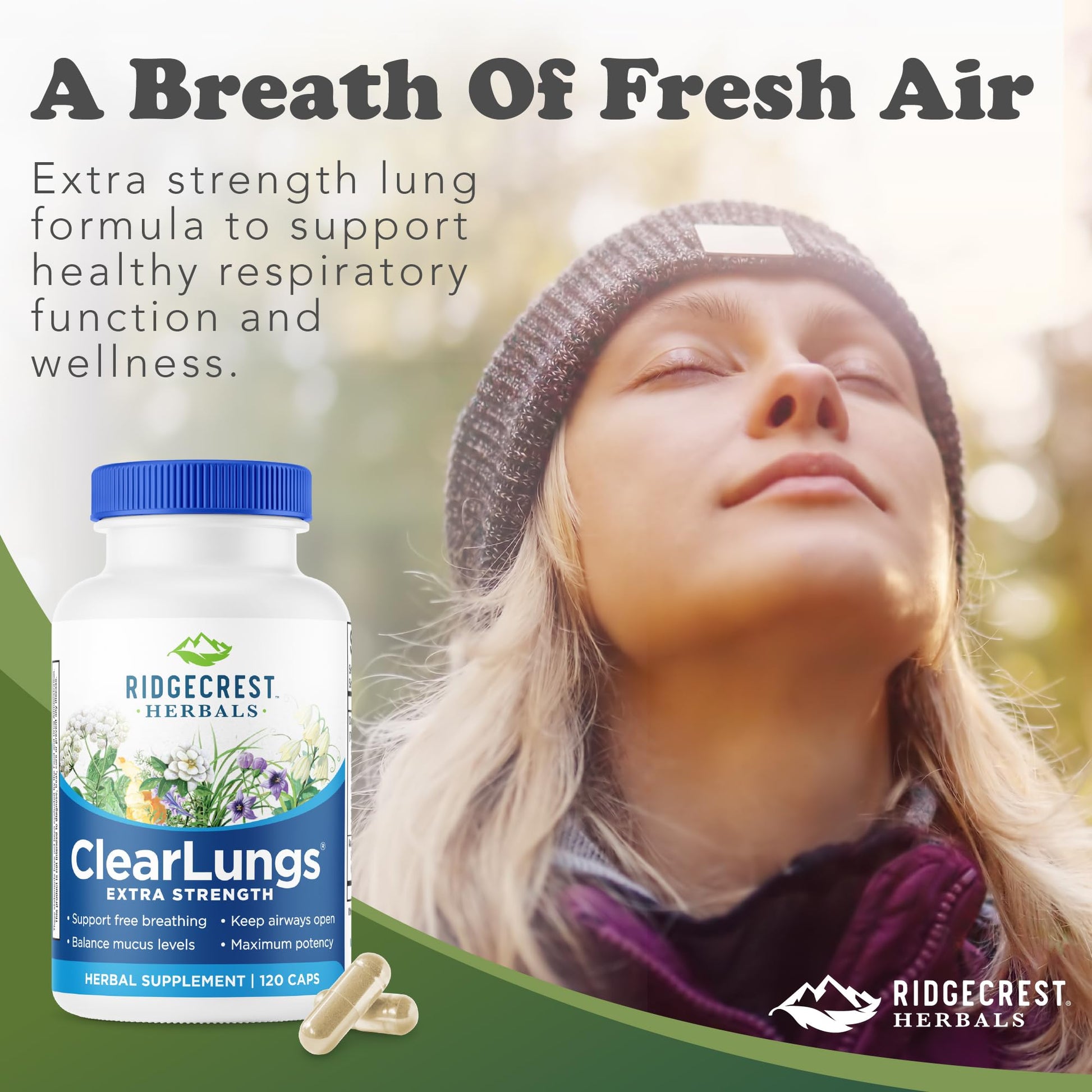 RidgeCrest Herbals ClearLungs Extra Strength, Daily Health Supplement, Natural Lung and Nasal Wellness Formula (120 Vegan Caps, 60 Serv) - dailyvitalstore