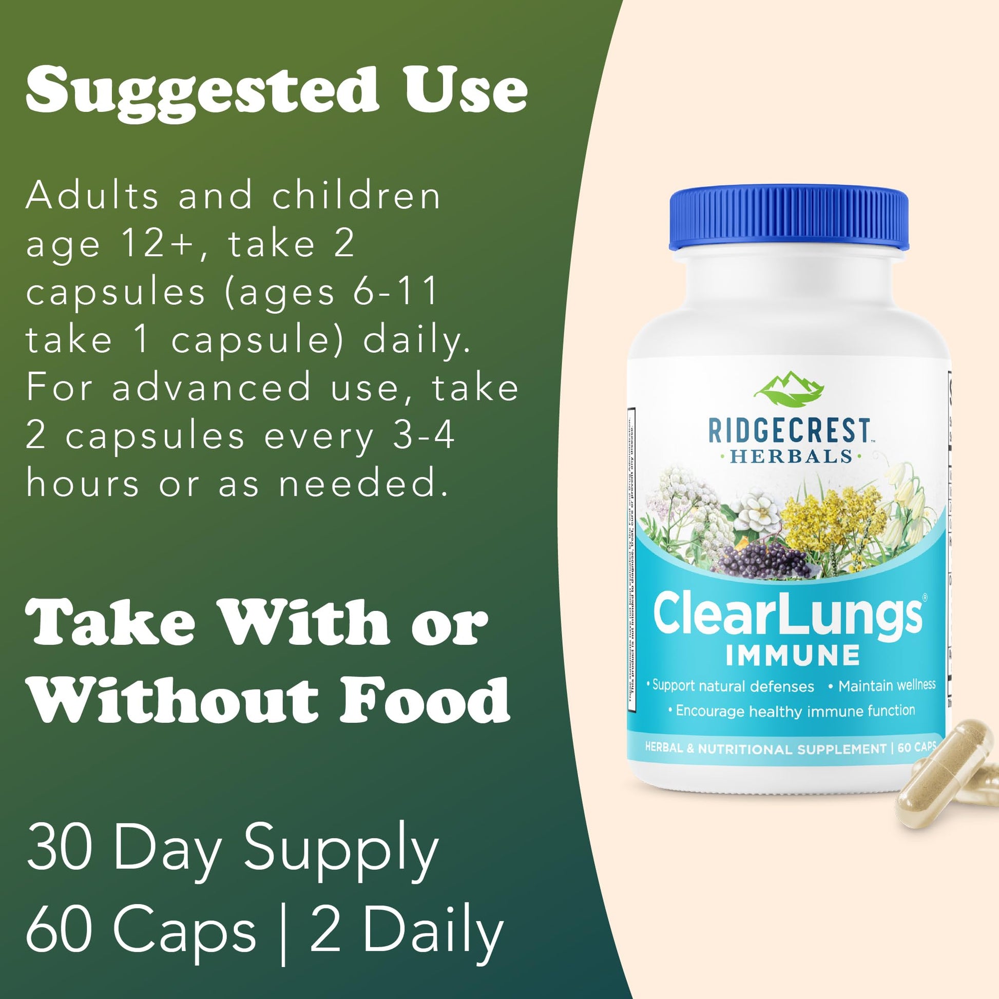 RidgeCrest Herbals ClearLungs Immune, Lung Support Supplement with Elderberry, Zinc, Vitamin C, Vitamin A, Olive Leaf, Mullein, Lung Wellness Formula for Respiratory Health (60 Vegan Caps, 30 Serv) - dailyvitalstore