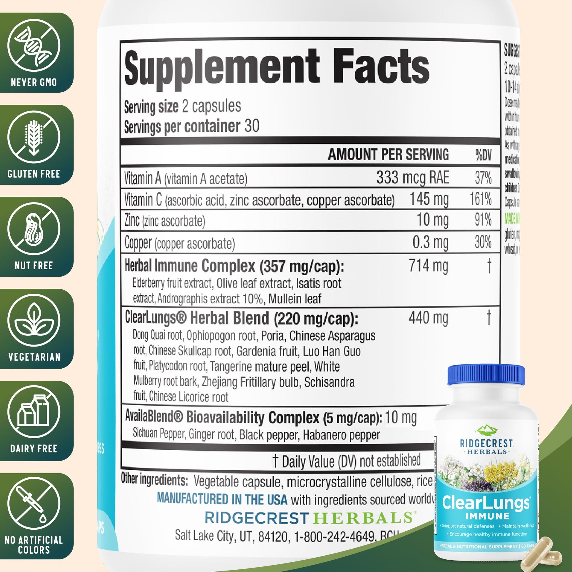 RidgeCrest Herbals ClearLungs Immune, Lung Support Supplement with Elderberry, Zinc, Vitamin C, Vitamin A, Olive Leaf, Mullein, Lung Wellness Formula for Respiratory Health (60 Vegan Caps, 30 Serv) - dailyvitalstore