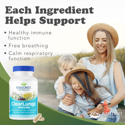 RidgeCrest Herbals ClearLungs Immune, Lung Support Supplement with Elderberry, Zinc, Vitamin C, Vitamin A, Olive Leaf, Mullein, Lung Wellness Formula for Respiratory Health (60 Vegan Caps, 30 Serv) - dailyvitalstore