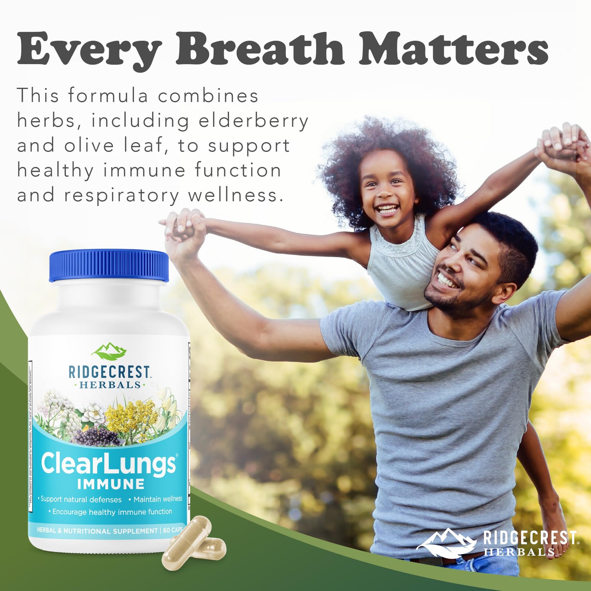 RidgeCrest Herbals ClearLungs Immune, Lung Support Supplement with Elderberry, Zinc, Vitamin C, Vitamin A, Olive Leaf, Mullein, Lung Wellness Formula for Respiratory Health (60 Vegan Caps, 30 Serv) - dailyvitalstore