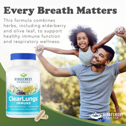 RidgeCrest Herbals ClearLungs Immune, Lung Support Supplement with Elderberry, Zinc, Vitamin C, Vitamin A, Olive Leaf, Mullein, Lung Wellness Formula for Respiratory Health (60 Vegan Caps, 30 Serv) - dailyvitalstore