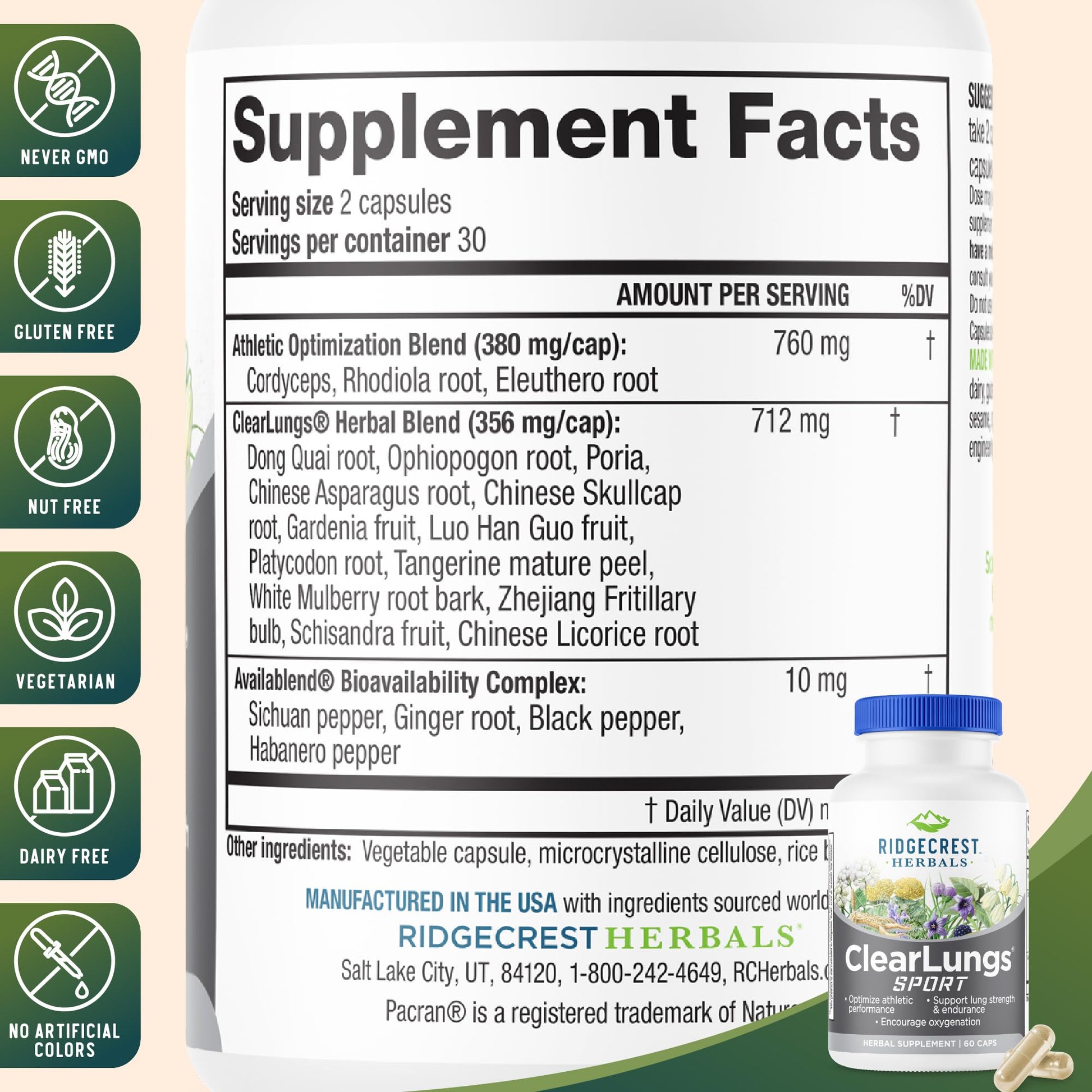 Ridgecrest Herbals ClearLungs Sport, Oxygen Intake and Lung Support Formula with Cordyceps, Rhodiola, Eleuthero (60 Vegan Caps, 30 Serv) - dailyvitalstore